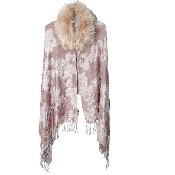 Jessica McClintock Faux Fur Collared Cape Floral Shawl Wrap Waterfall Pink Cream - Picture 11 of 12
